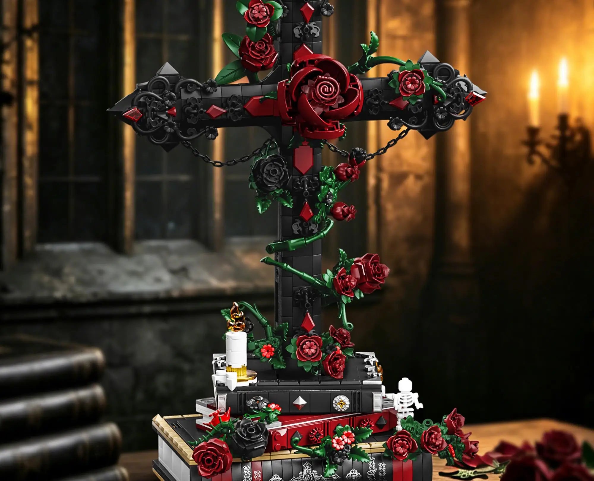 Set de Bloques de Construcción de Violín con Corona de Rosas y Cruz de la Serie Noche Gótica, Modelo MOC, Juguete de Ensamblaje, Adorno de Escritorio, Regalo de Cumpleaños