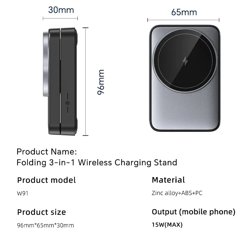 Soporte de Carga Inalámbrico Magnético 3 en 1 Plegable para Magsafe iPhone 16 15 14 13 Apple Watch 2-9 Airpods Pro, Estación de Carga Rápida