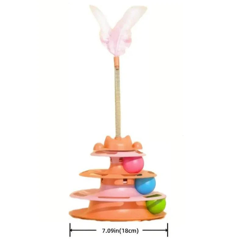 Torre de juguete interactiva para gatos, plato giratorio para gatitos, bolas con rodillo, juguetes con plumas, suministros de entrenamiento para mascotas, juguete para torre para gatos