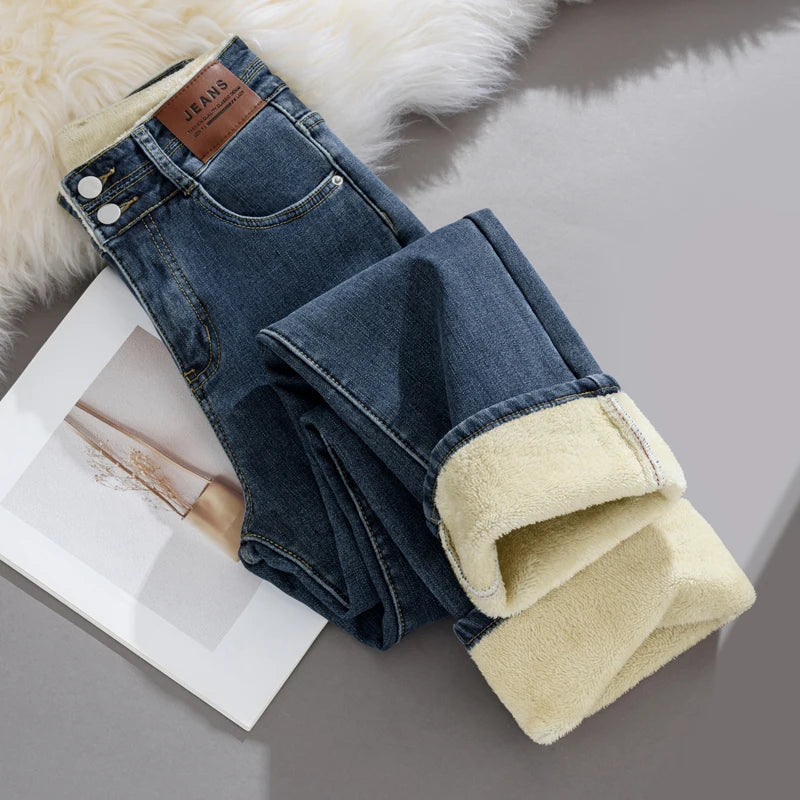 Pantalones Vaqueros Y2K de Pierna Recta con Forro de Lana