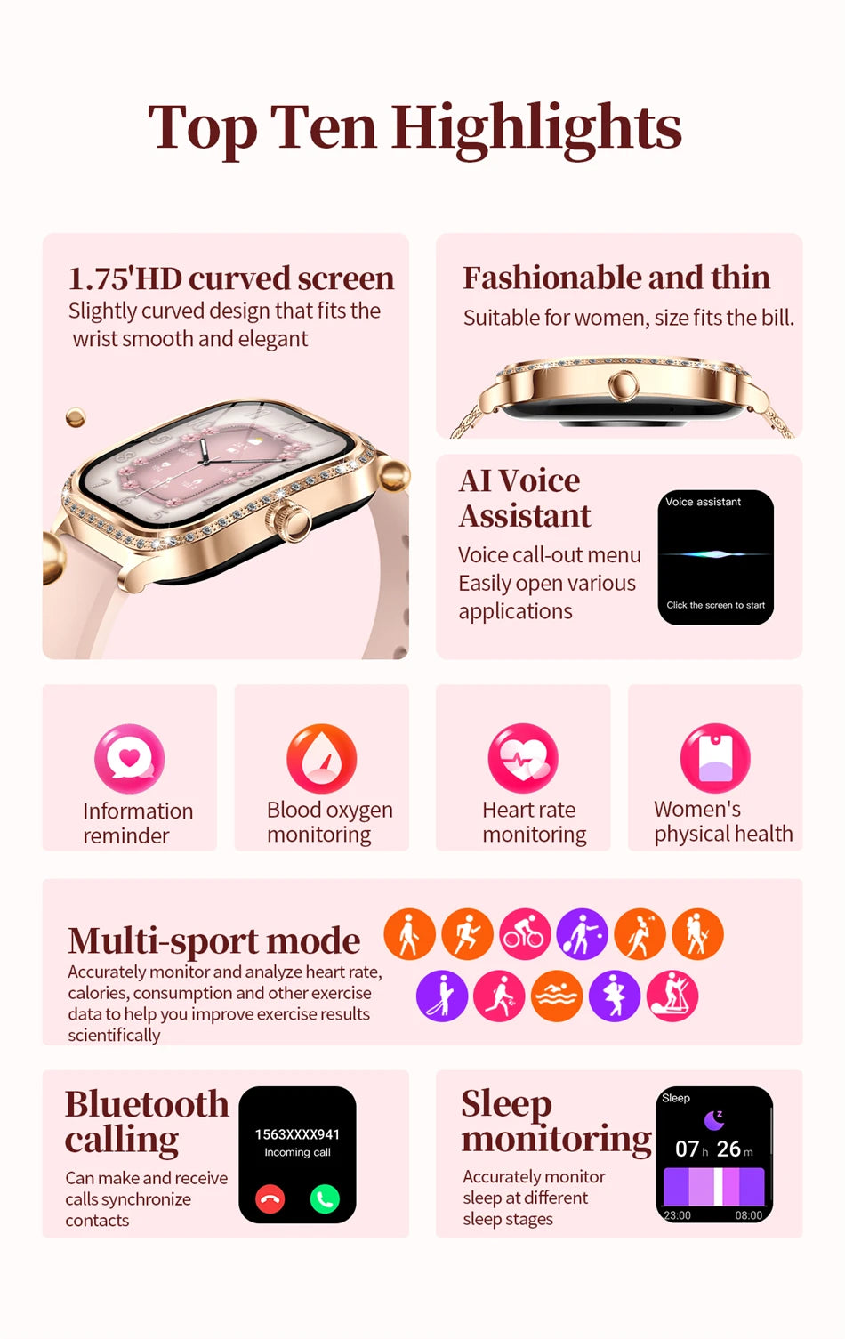 Reloj Inteligente Mujer HD 1.75 Fitness Bluetooth