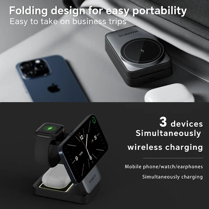 Soporte de Carga Inalámbrico Magnético 3 en 1 Plegable para Magsafe iPhone 16 15 14 13 Apple Watch 2-9 Airpods Pro, Estación de Carga Rápida