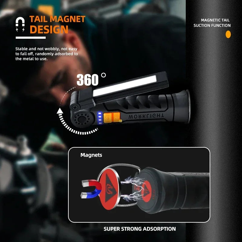 Linterna LED COB Portátil Magnética Recargable para Camping