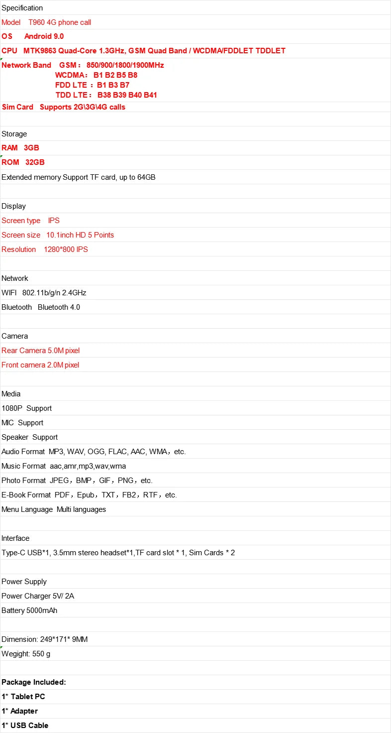 Tablet PC Android 9.0 de 10.1 Pulgadas en Oferta, CPU MTK9863 de Cuatro Núcleos, 2GB/3GB de RAM, 32GB de ROM, Cámara Dual, Pantalla IPS de 1280*800, Tipo-C, 5000mAh