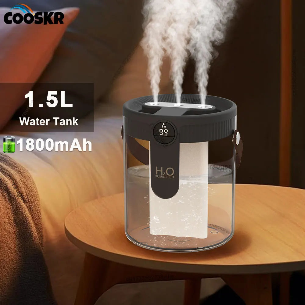 Humidificador de aire de 1,5 l, humidificador doméstico de gran capacidad, generador de niebla silencioso, batería de 1800mAh, humidificador recargable por USB con luz LED
