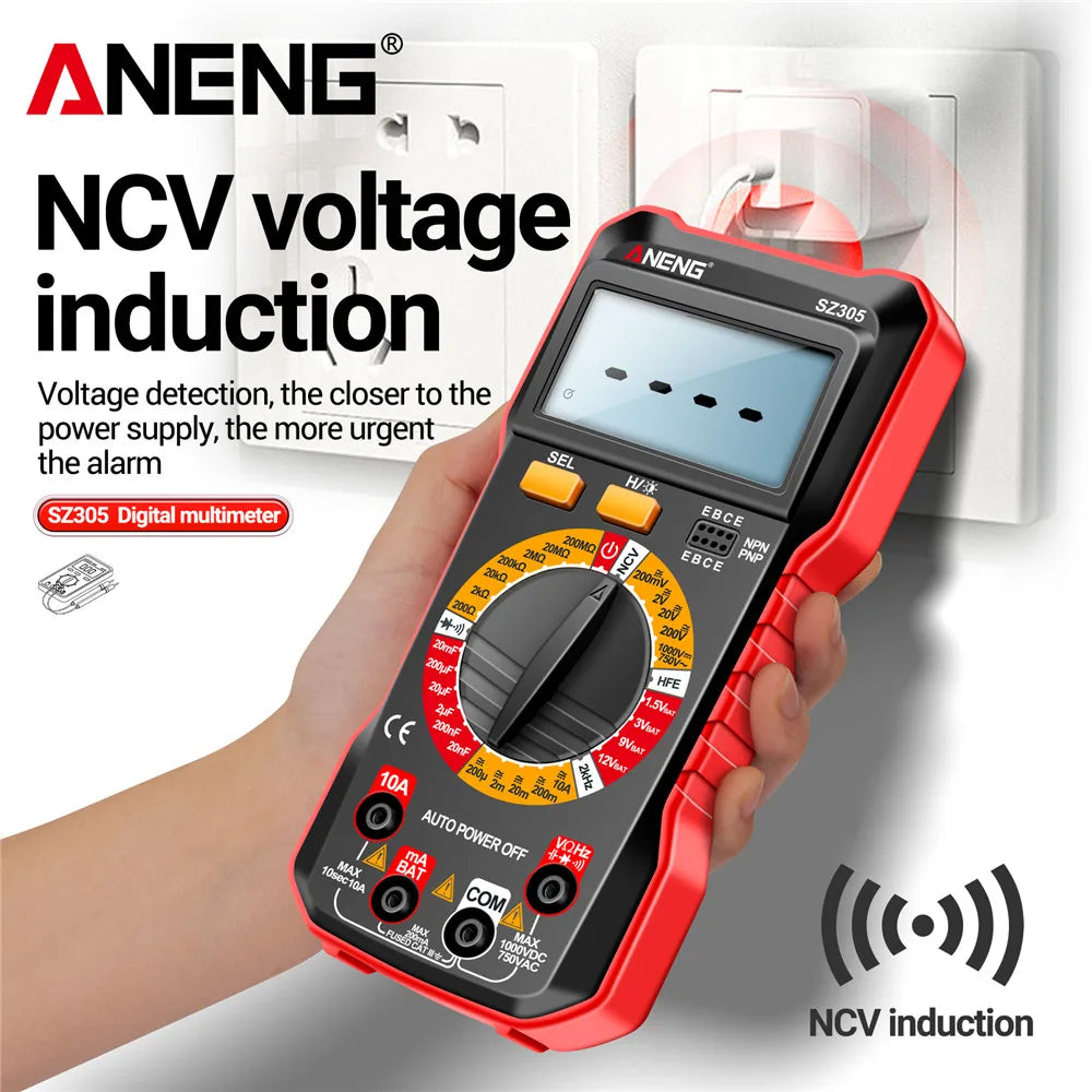 ANENG-multímetro Digital SZ305, condensador amperímetro de voltaje CA/CC profesional, triodo hFE, probador de electricista de inducción de voltaje NCV