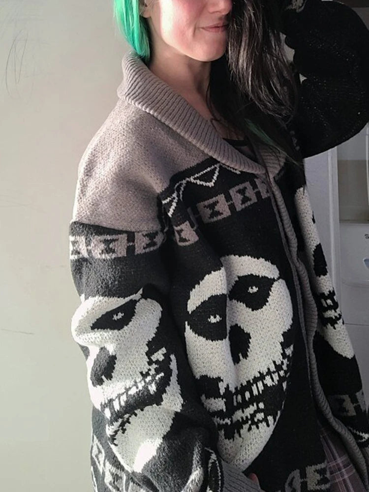 Otoño Invierno retrato impreso Harajuku suéter abrigo estilo y2k hombres y mujeres abrigo de manga larga cálido gótico fantasma patrón suéter