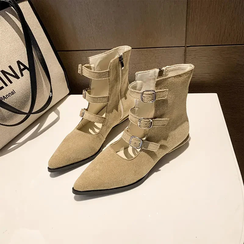 Botines de mujer en ante con hebillas y cremallera, estilo retro occidental