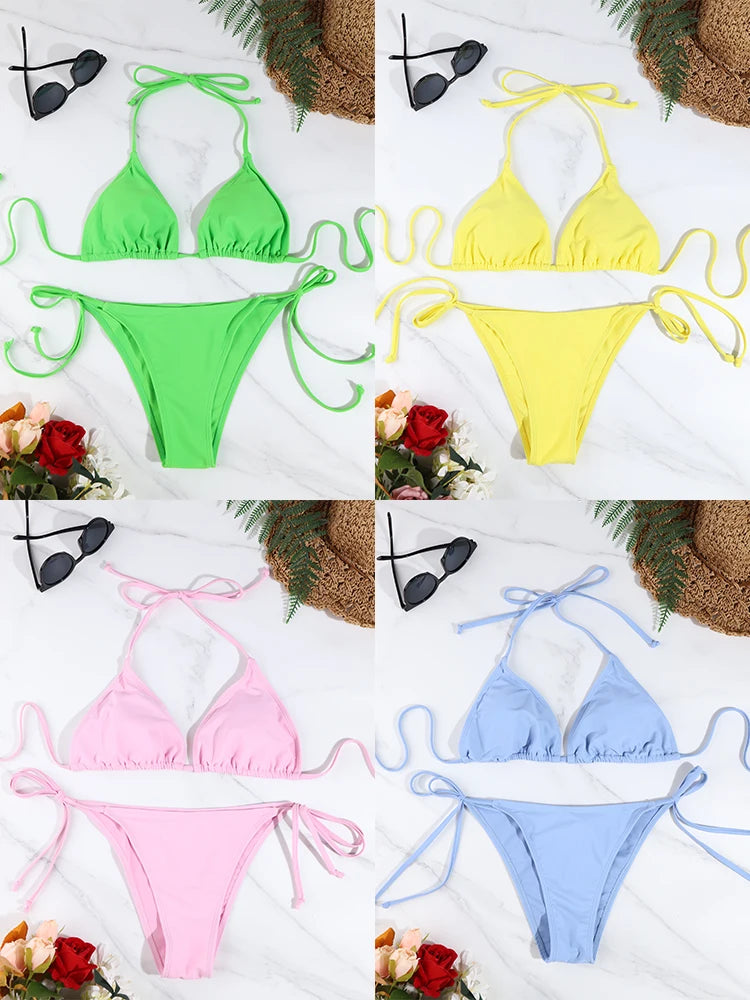 Traje de baño Sexy de Color sólido para mujer, conjunto de Bikini con Tanga para mujer, traje de baño brasileño ajustable con tirantes divididos y lazo lateral, ropa de playa 2 piezas