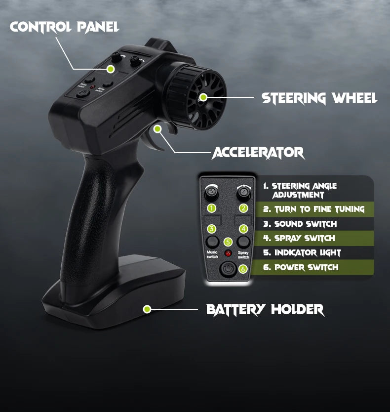 Moto RC de Tres Ruedas con Luces y Spray, Control 2.4G para Niños