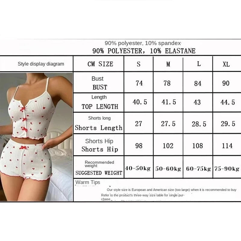 1 Juego de ropa de dormir para mujer, conjunto de pijamas con estampado de corazón, tela acanalada suave con ribete de volantes coqueto, camisola informal y conjunto corto, ropa de descanso