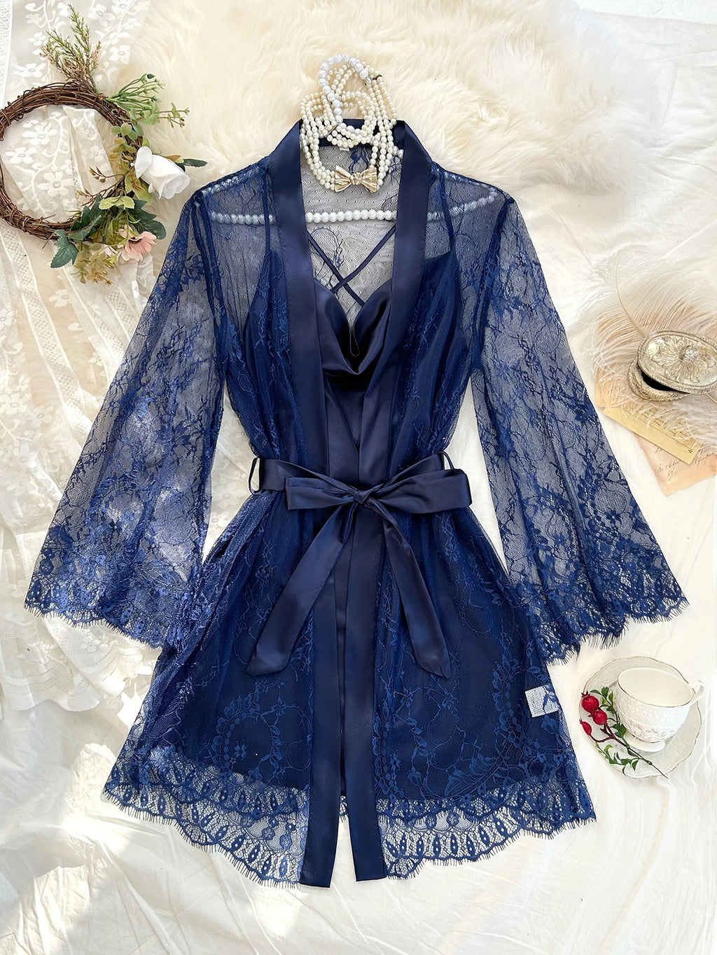 Conjunto de Camisón y Bata de Encaje para Mujer — Ropa de Dormir Sexy