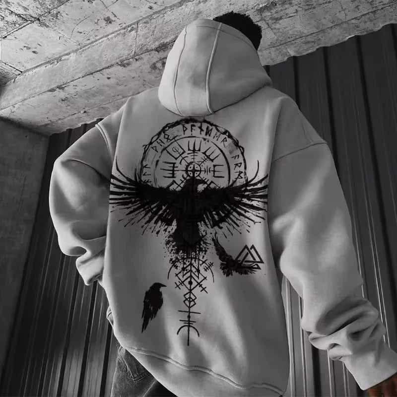 Buzo con Capucha Estampado Vikingo Águila Y2K Hombre