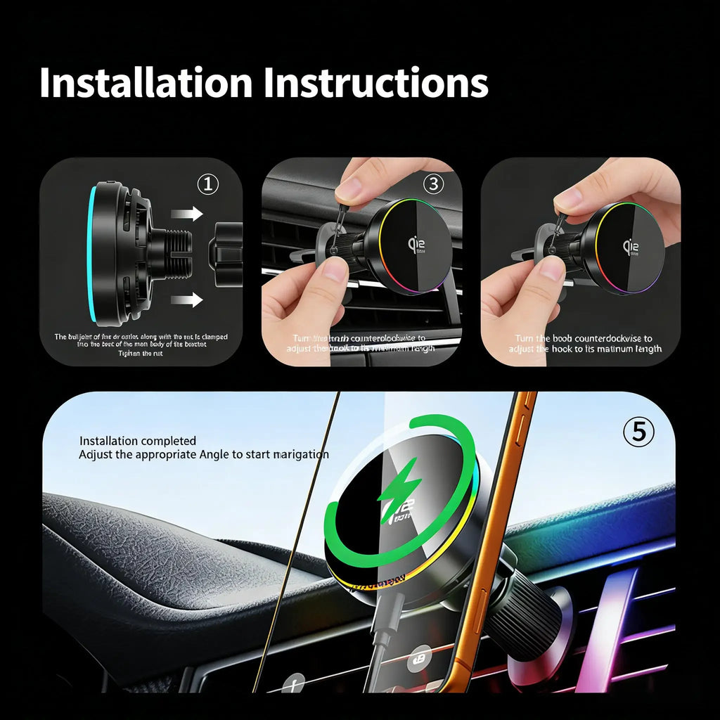 Cargador Magnético para Coche Qi2 de 25W con Luz RGB, Soporte para Rejilla de Ventilación con Carga Rápida y Refrigeración para iPhone 17 Pro Max