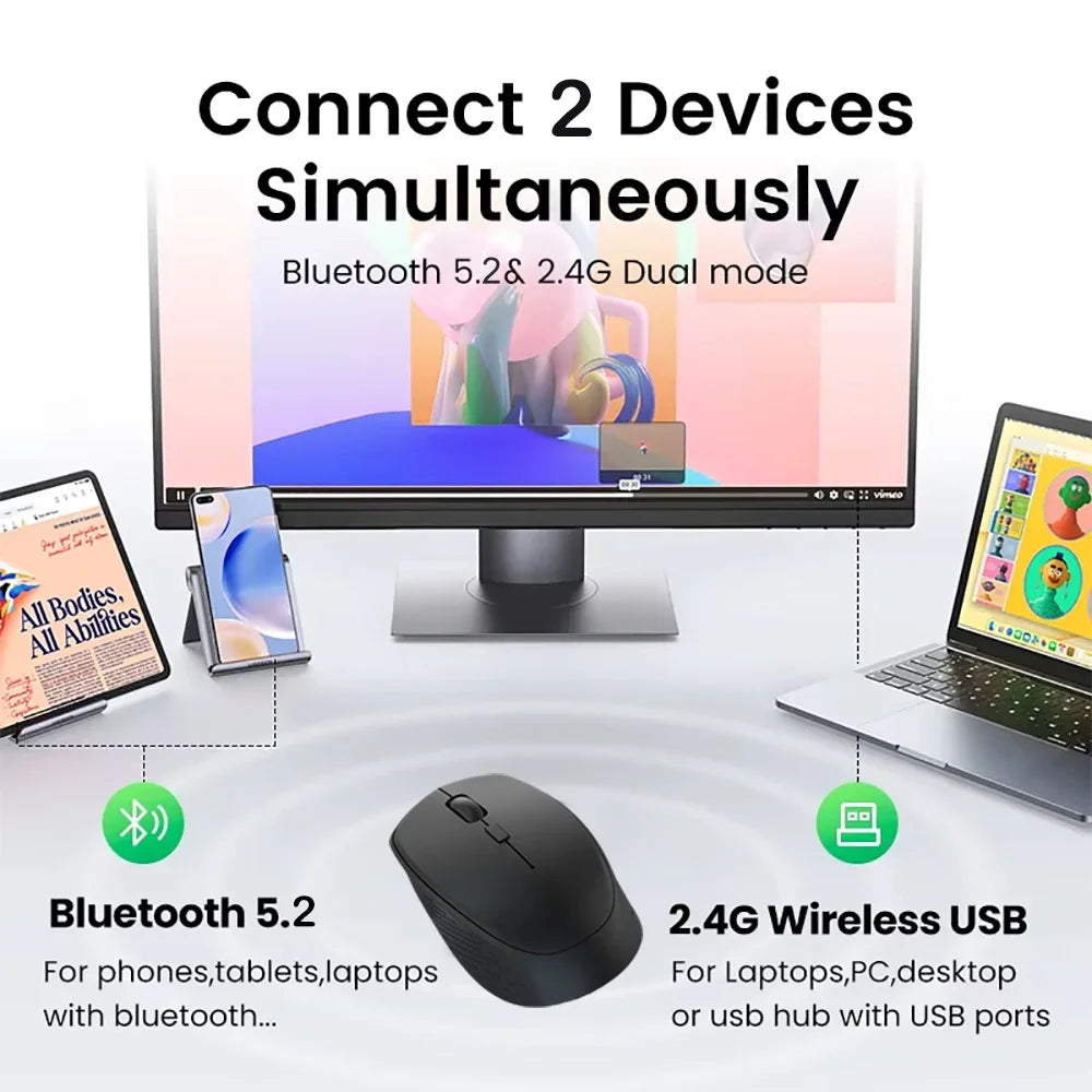 Ratón inalámbrico Bluetooth 5,2 de 2,4G, ratón silencioso de modo Dual, ratón recargable para juegos, 1600DPI para ordenador portátil, Win Mac OS
