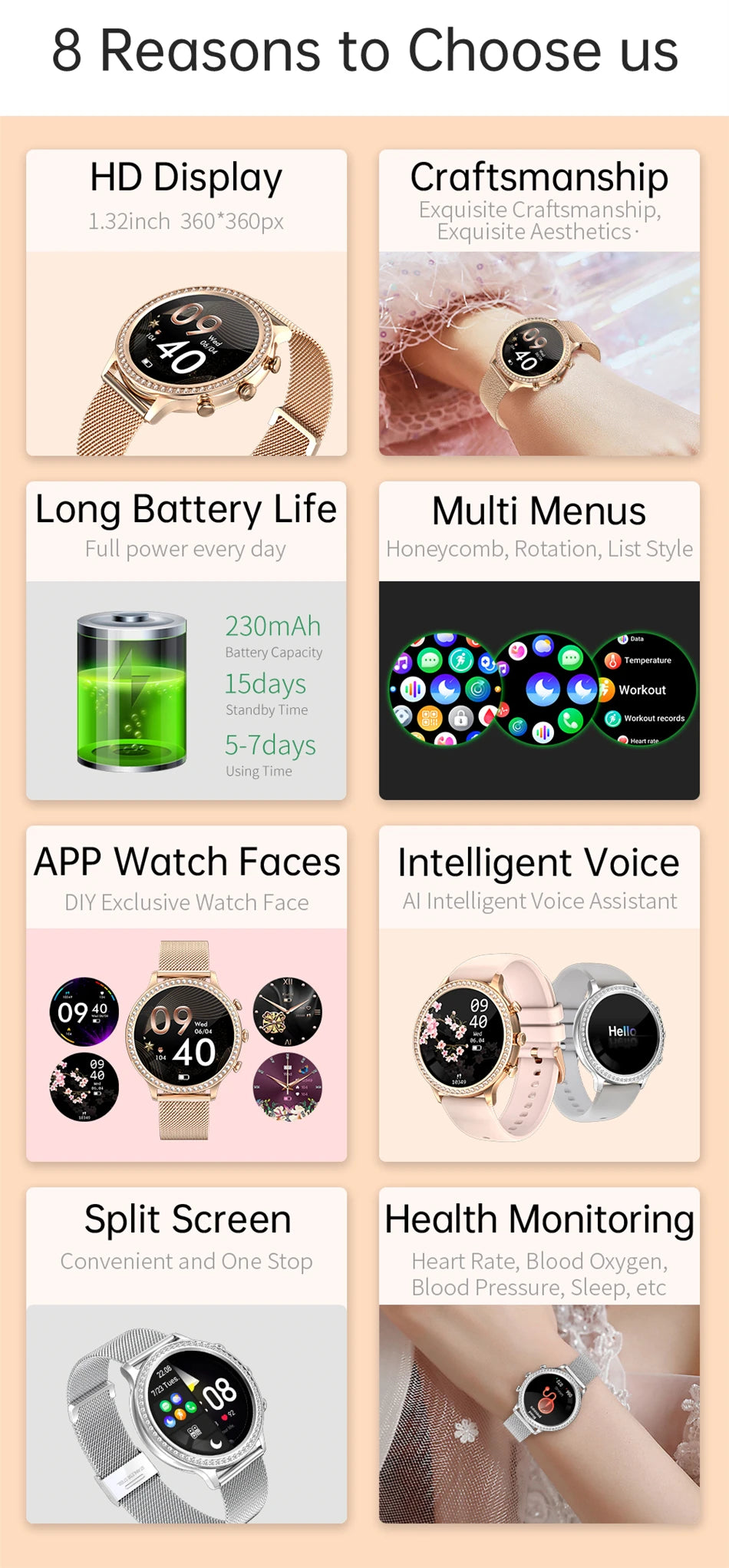 Reloj Inteligente para Mujer con Monitor Cardíaco Bluetooth