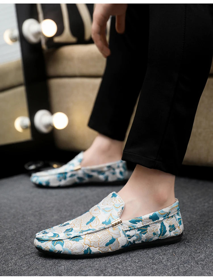 Zapatos Casuales Florales para Hombre | Estilo Mocasín Azul y Blanco