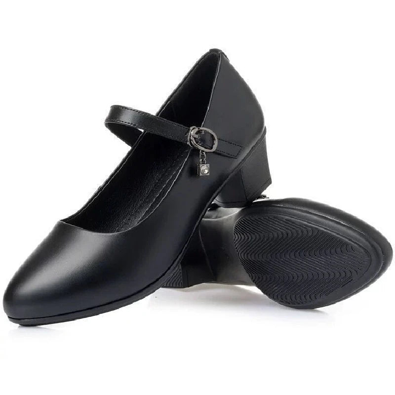 2025 Nuevos zapatos de tacón medio para mujer: cuero suave antideslizante con hebilla ajustable, cómodos para uso diario e informal