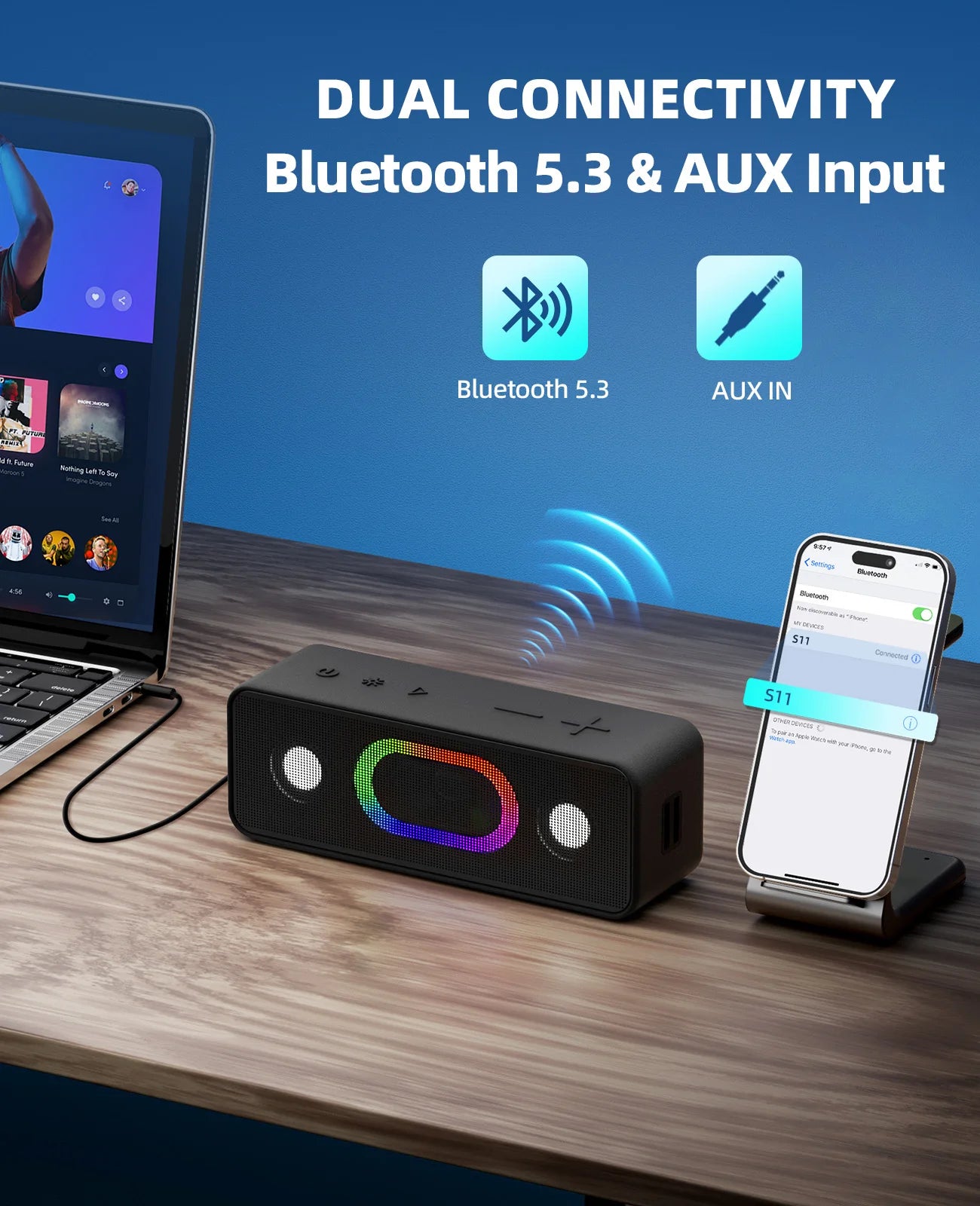 Ortizan S11 Altavoz Bluetooth portátil con luces Altavoces de computadora Bluetooth para escritorio, altavoces para juegos para PC, computadora portátil, tableta