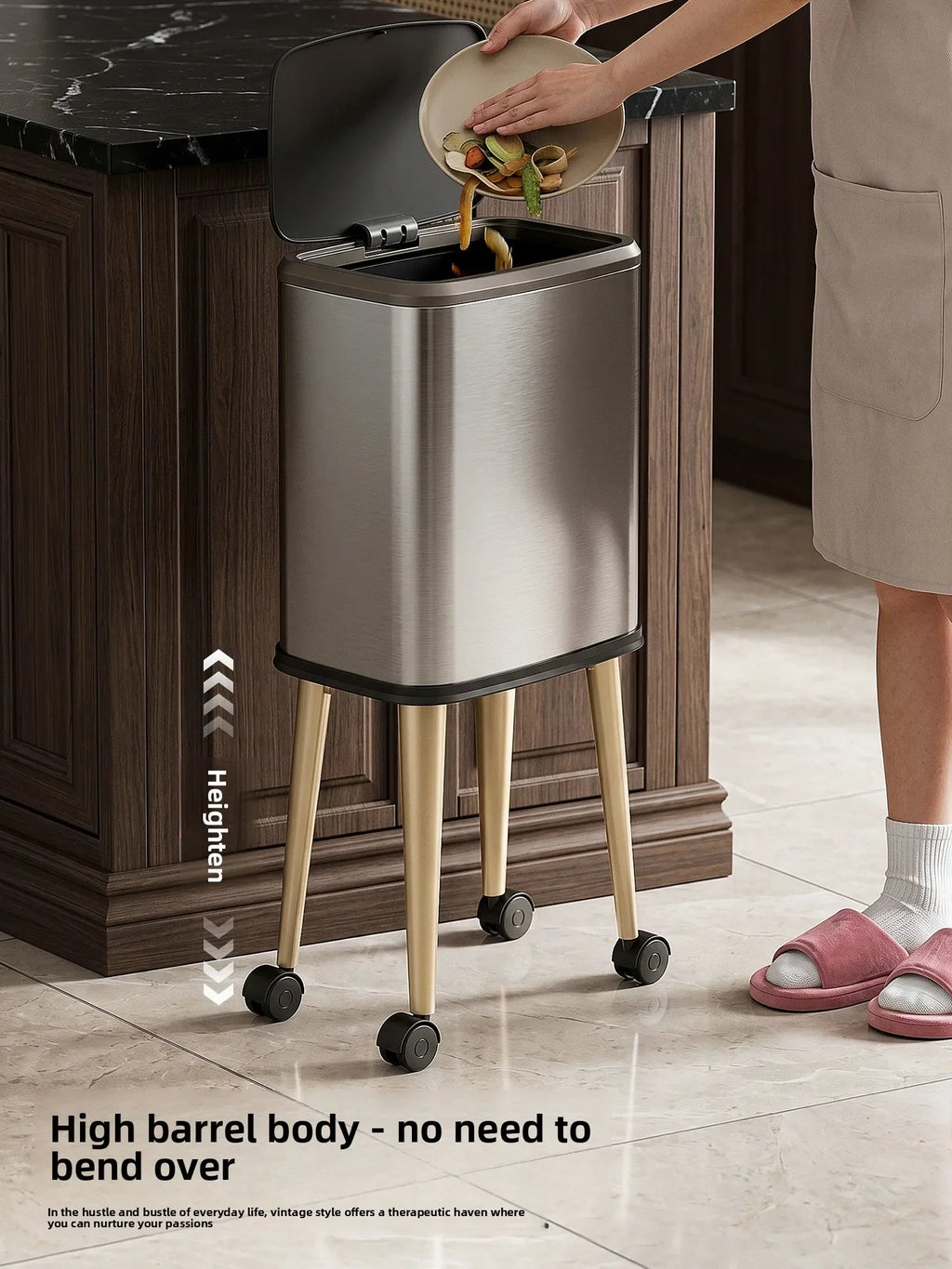 Cubo de basura rodante de acero inoxidable con tapa, 15 litros