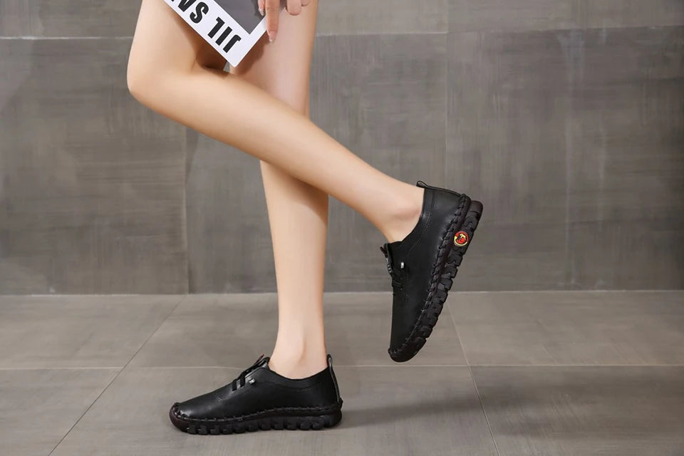 Zapatillas de deporte para Mujer, mocasines con cordones de cuero, planos, informales, cómodos, para mamá, para Mujer