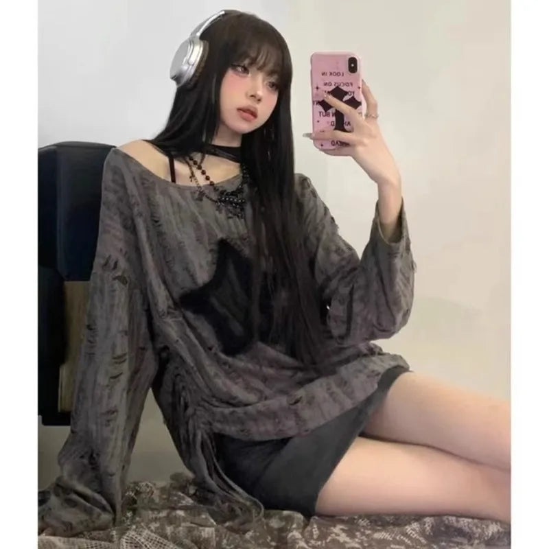 Suéter con estampado de estrellas y agujeros Y2K para mujer, ropa de calle a la moda, Tops con hombros descubiertos, prendas de vestir holgadas de manga larga Kpop de gran tamaño 2024