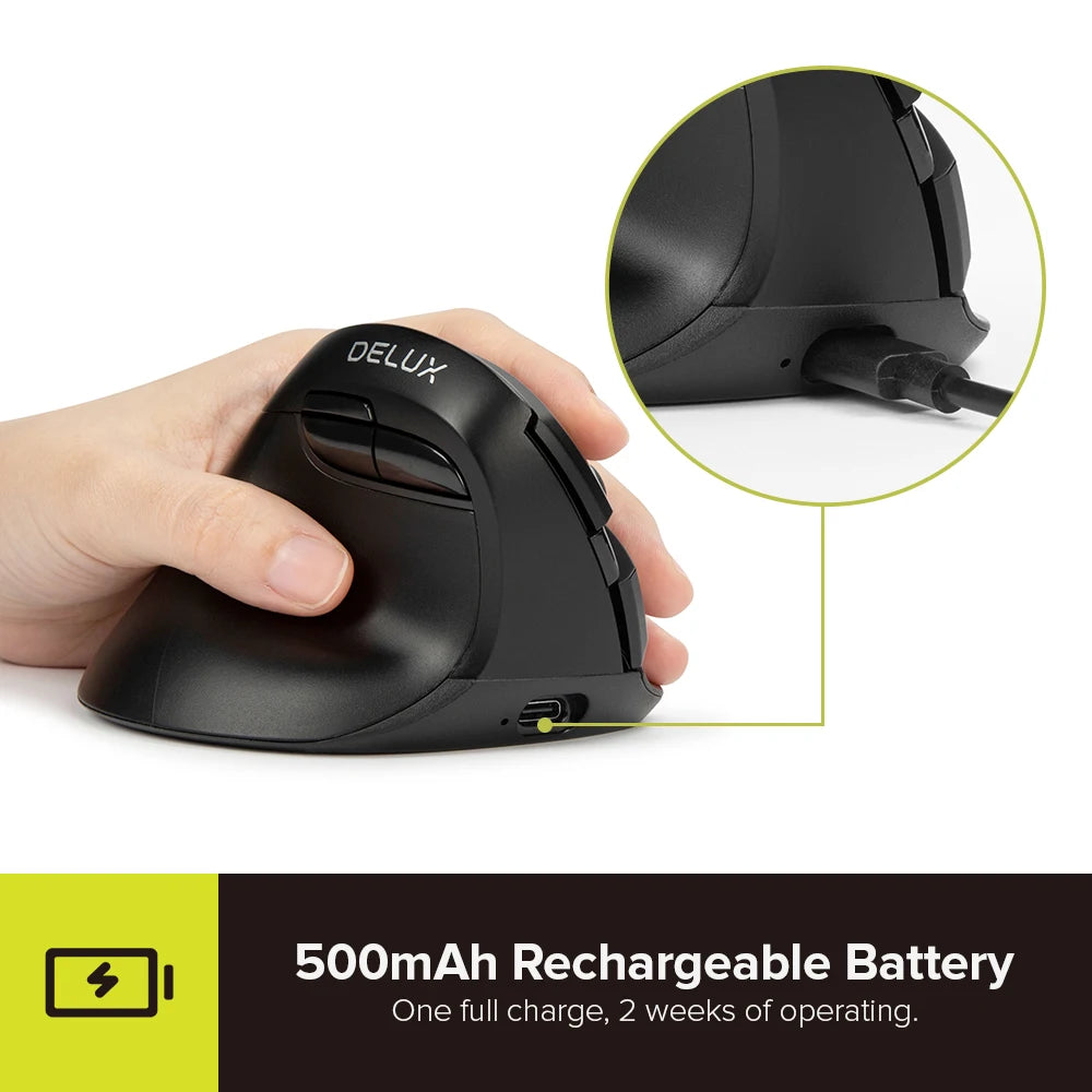 Delux M618ZD Ratón Vertical inalámbrico ergonómico de mano izquierda Bluetooth 2,4 GHz recargable silencioso clic ratones para oficina mano pequeña