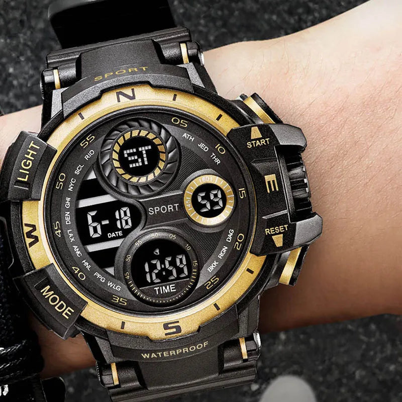 Reloj Digital negro YIKAZE para hombres, relojes deportivos, cronógrafo impermeable para exteriores, reloj de mano G, reloj de pulsera para estudiantes de choque de infantería