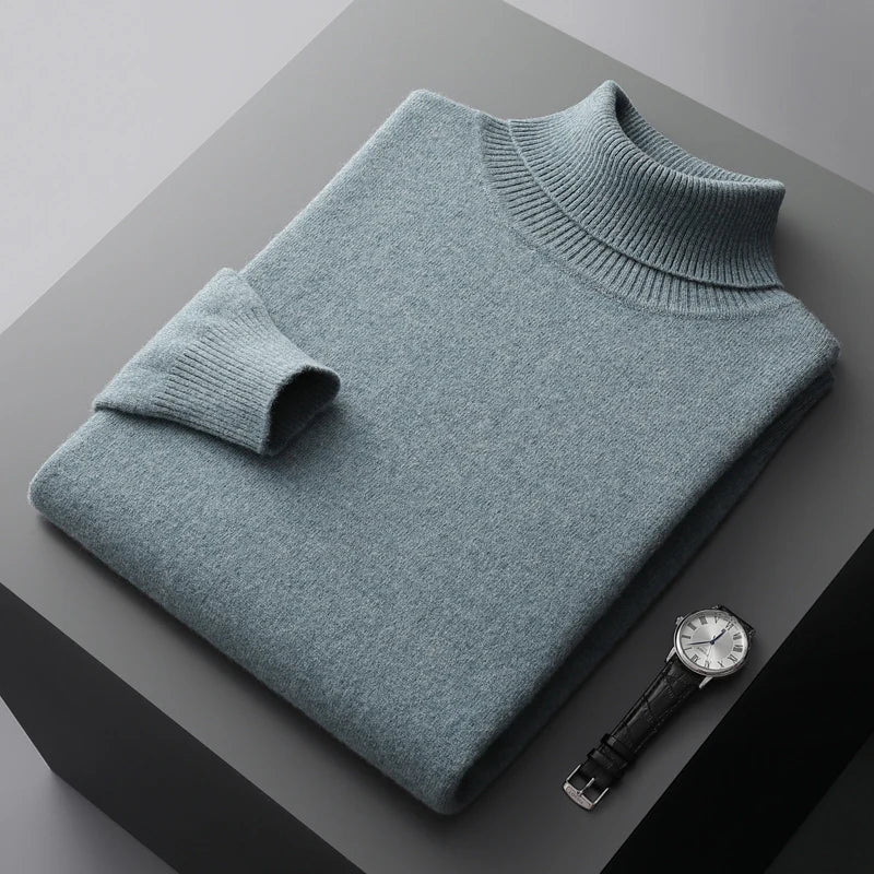 Suéter de Lana Merino para Hombre – Cuello Tortuga, Tejido Grueso