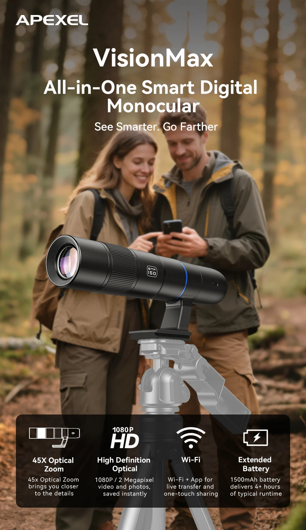 Telescopio Monocular Digital 45X APEXEL para Observación