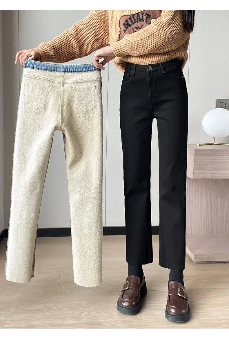 Pantalones Vaqueros Y2K con Forro Polar para Mujer, Cintura Alta, Pierna Recta