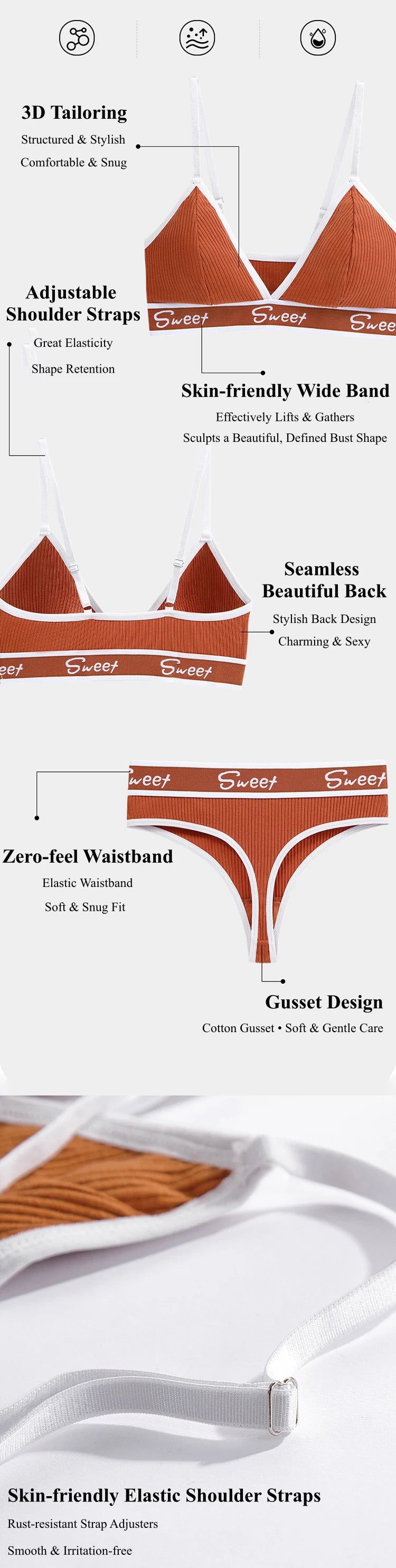 Conjunto de Bralette y Bragas Triangulares Acanaladas para Mujer