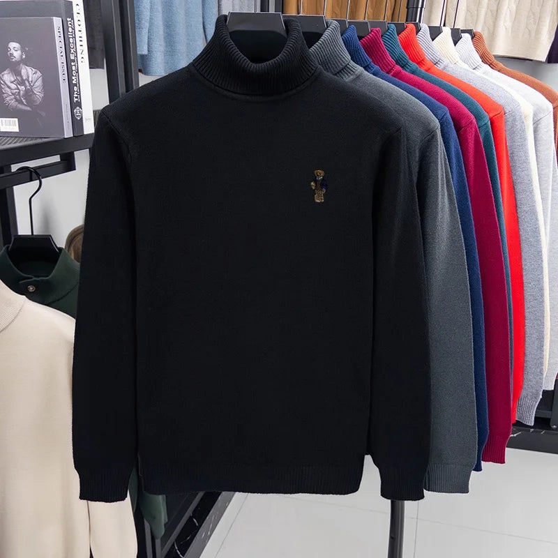 Suéter de Punto de Manga Larga para Hombre, Diseño de Alta Gama, Estampado de Oso, Cuello Alto, Estilo Informal, Versátil, Cálido y Moderno