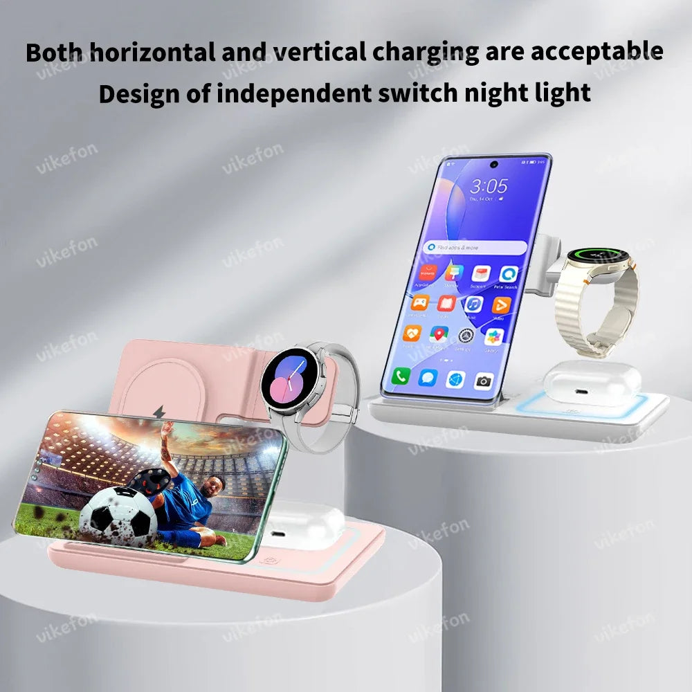 Cargador Inalámbrico 3 en 1 Plegable con LED, Estación de Carga Rápida para Samsung S25 S24 Galaxy Watch 2-8 Active Buds Pro