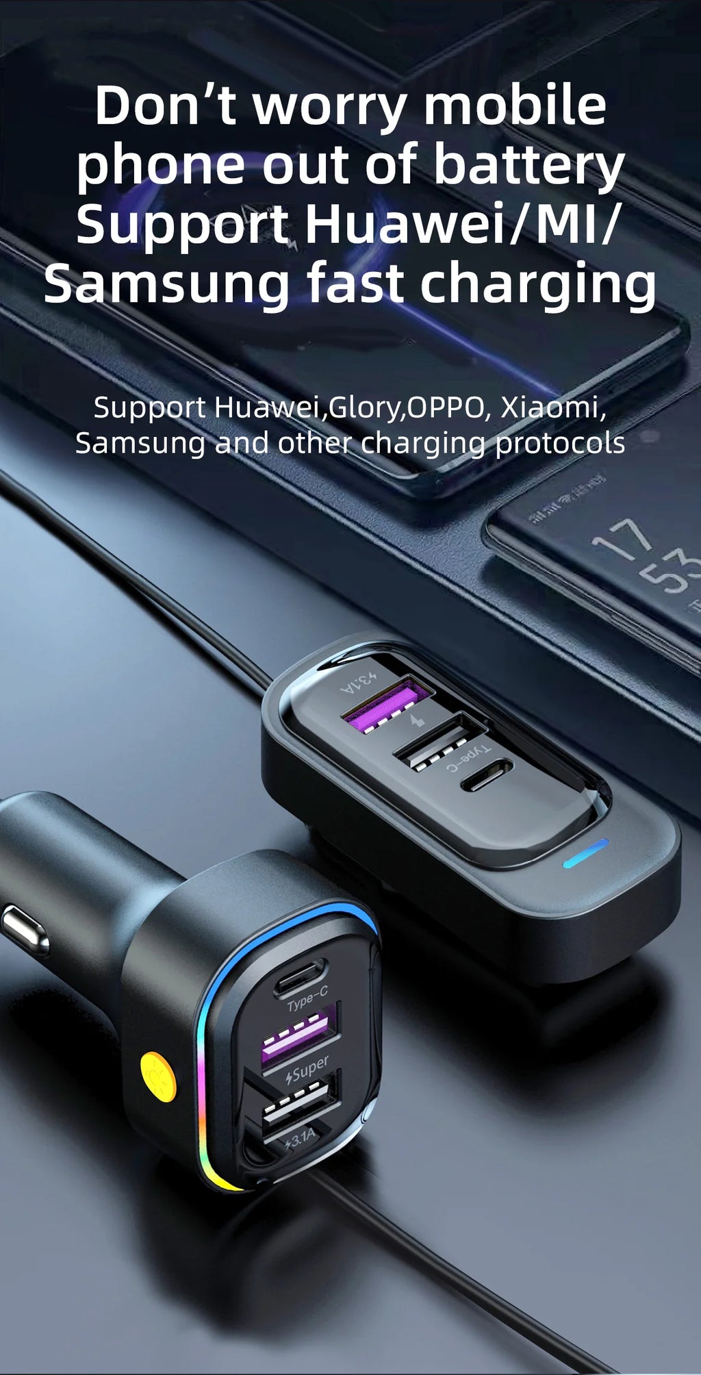 Cargador USB de 6 Puertos para Auto con Extensión para Asientos Traseros