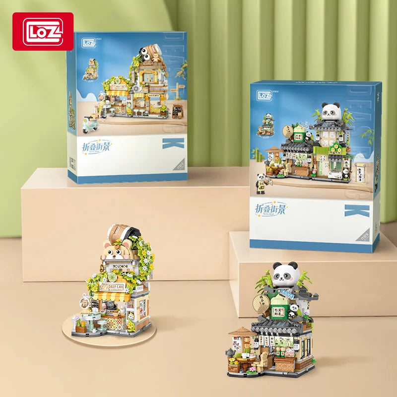 LOZ - Juego de Bloques de Construcción de la Serie Escena Urbana Plegable, Casa de Té Panda, Cafetería, Adorno de Escritorio, Regalo de Cumpleaños para Adultos