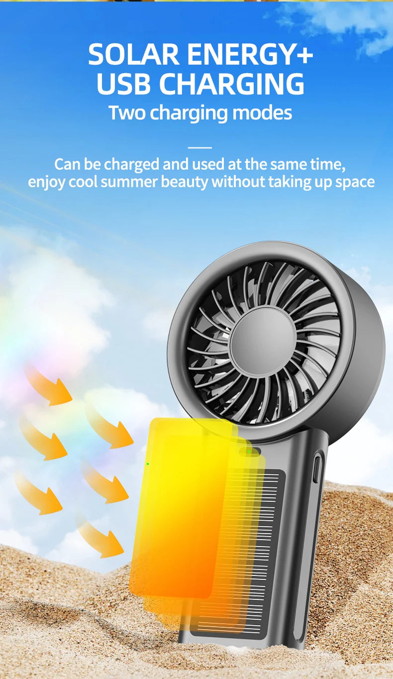 Ventilador solar portátil 5 velocidades, recargable USB para camping