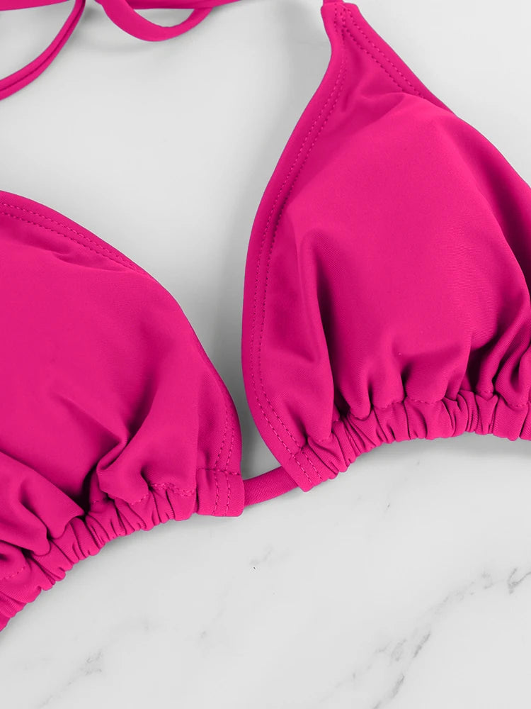 Conjunto de Bikini de 2 Piezas para Mujer, Traje de Baño Sexy de Color Rojo Rosa, con Tirantes Cruzados en la Espalda