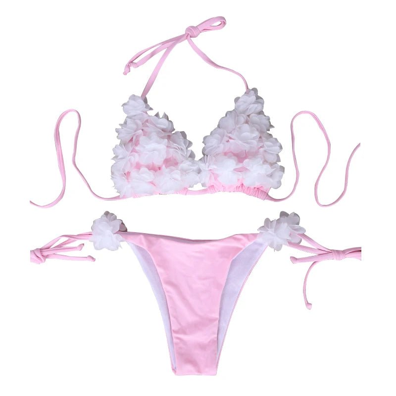 Bikini Rosa Hecho a Mano con Flores 3D, Cuello Cruzado y Parte Inferior Triangular para Senos Pequeños, Realza y Adelgaza