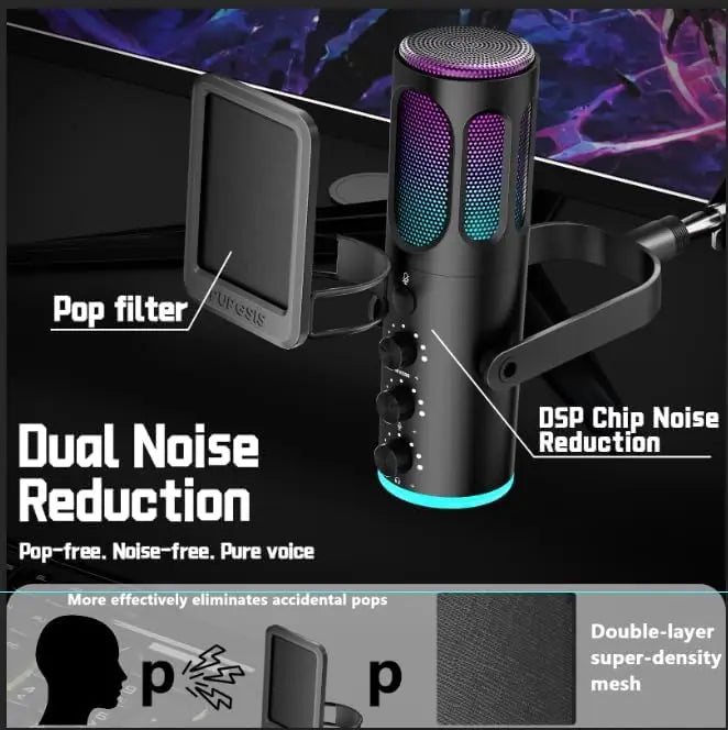 Micrófono USB para Juegos PUPGSIS, Micrófono de Condensador con Cancelación de Ruido, Silenciador, Ganancia, Luces RGB, Soporte de Brazo para Streaming, PC