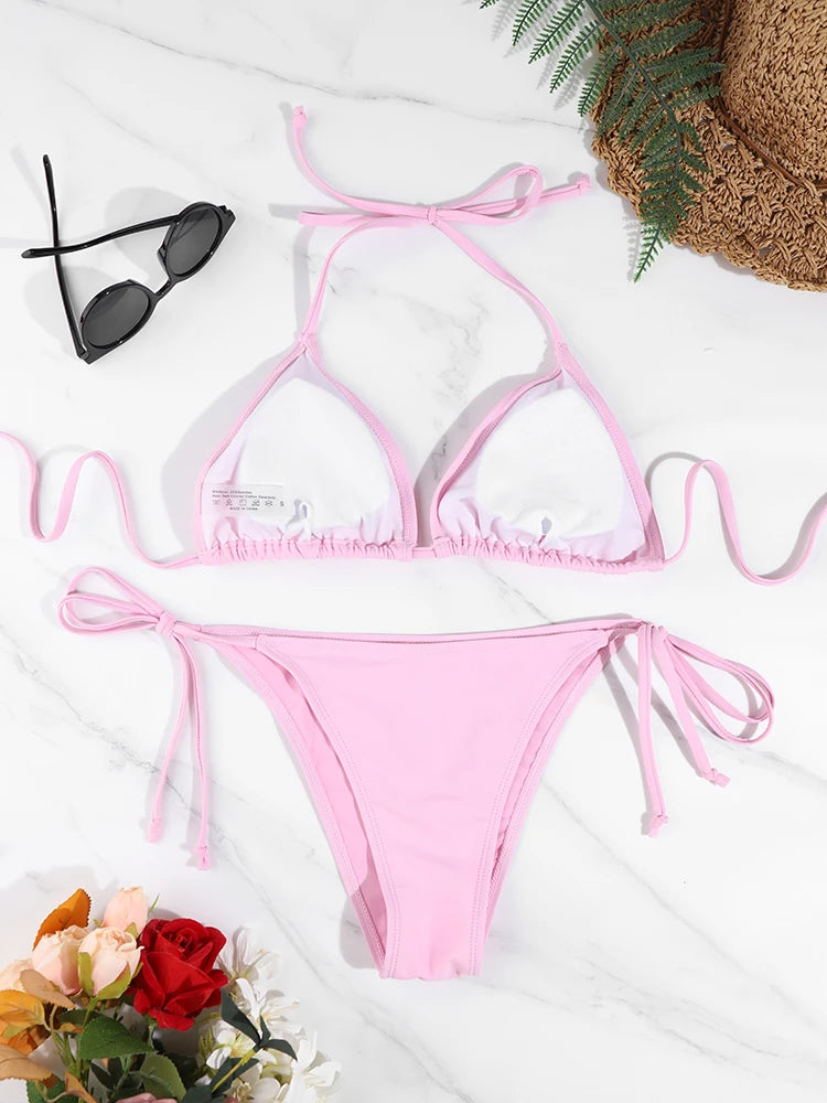 Conjunto de Bikini de Color sólido con Tanga para mujer, traje de baño Sexy con lazo Halter lateral, traje de baño brasileño ajustable con correa dividida, ropa de playa, 2 uds.