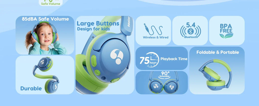 Awatrue-auriculares Bluetooth 5,4 para niños, cascos supraaurales inalámbricos ligeros con volumen seguro de 85dBA para IPad/reproductor YOTO/tableta/escuela