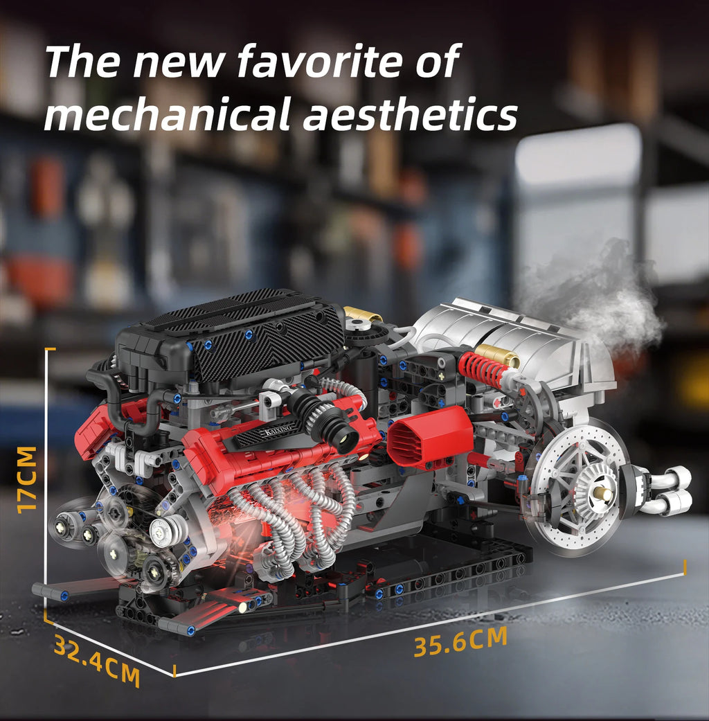 Juego de modelos de ensamblaje de bloques de construcción de motor V12 de 1610 Uds.-Kit MOC programable con control remoto por aplicación con luces y pulverización