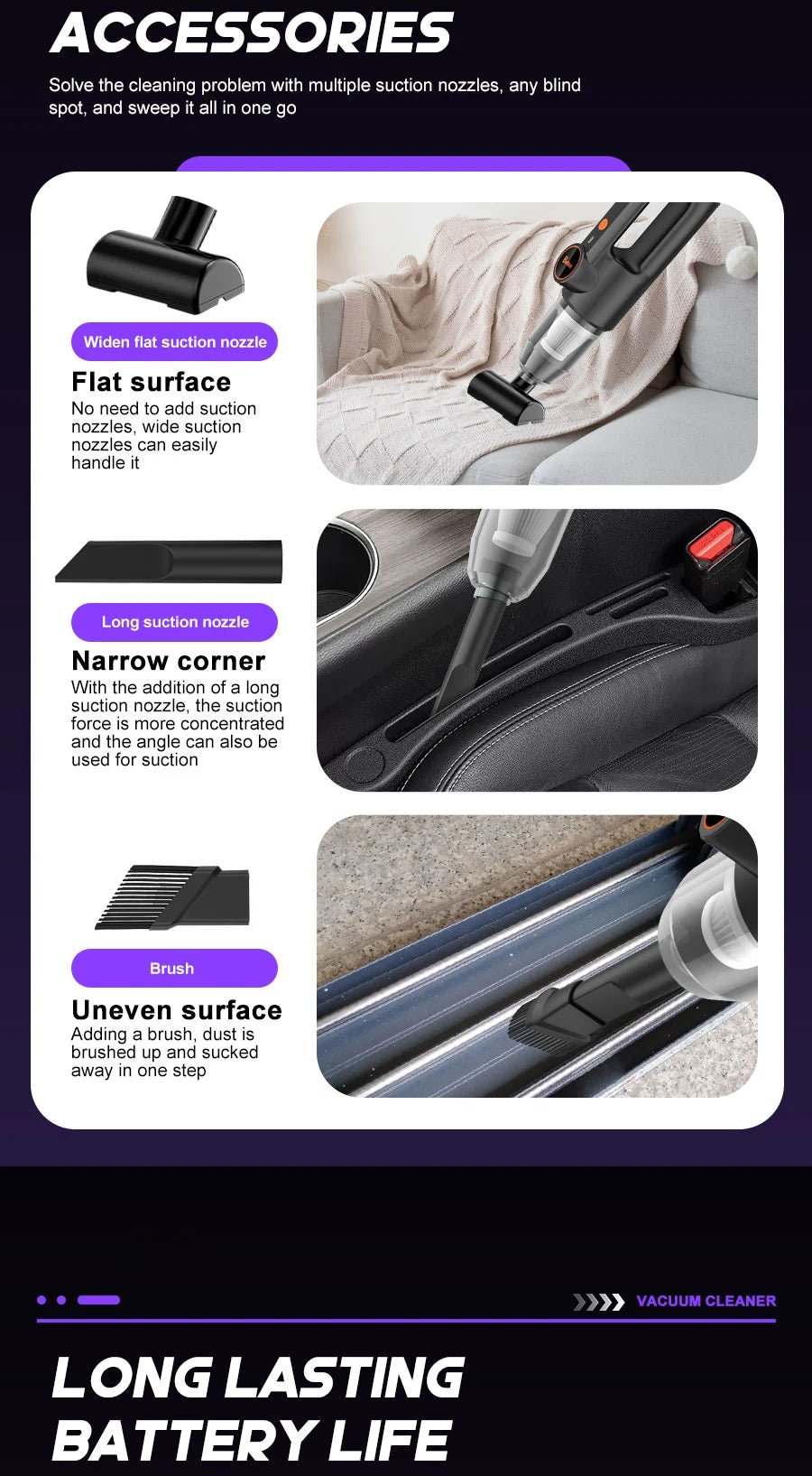 Aspirador de coche de 11000PA, aspirador de mano inalámbrico portátil de succión fuerte con múltiples boquillas para coche, hogar, oficina, mascota