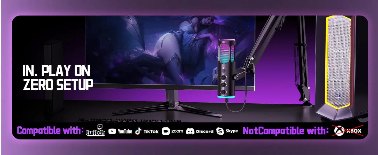 Micrófono USB para Juegos PUPGSIS, Micrófono de Condensador con Cancelación de Ruido, Silenciador, Ganancia, Luces RGB, Soporte de Brazo para Streaming, PC