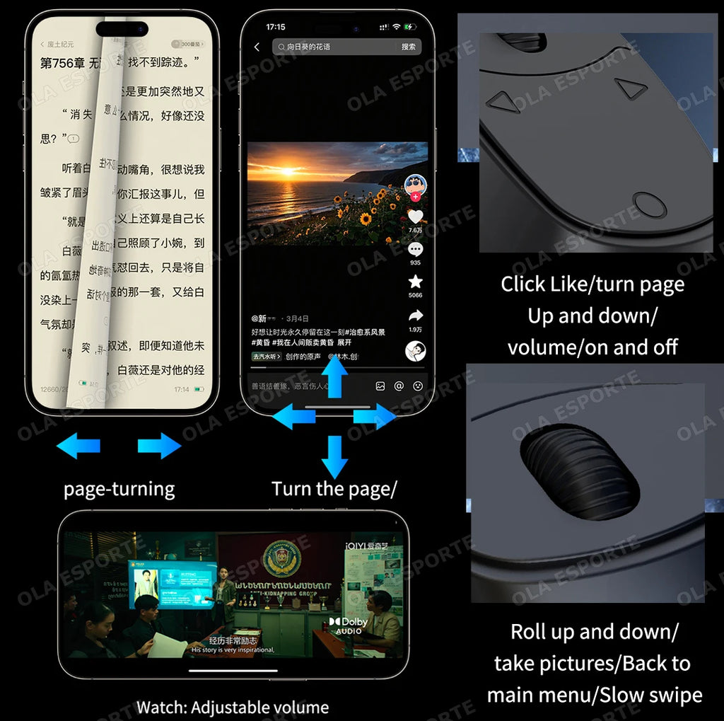 Rodillo anillo para la yema del dedo Control remoto inalámbrico Bluetooth móvil Selfie ratones vídeo giratorio de página automático navegación para Android IOS