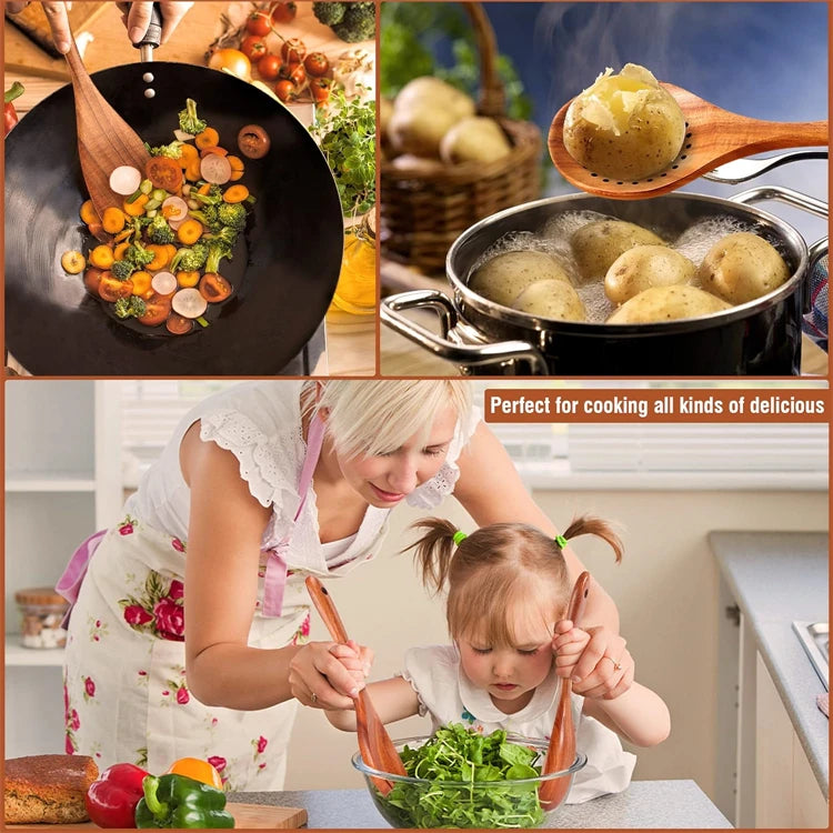 LMETJMA Paquete de 10 utensilios de cocina de madera de teca Natural, juego de utensilios de cocina con espátula y cucharas de madera para cocinar y hornear JT503