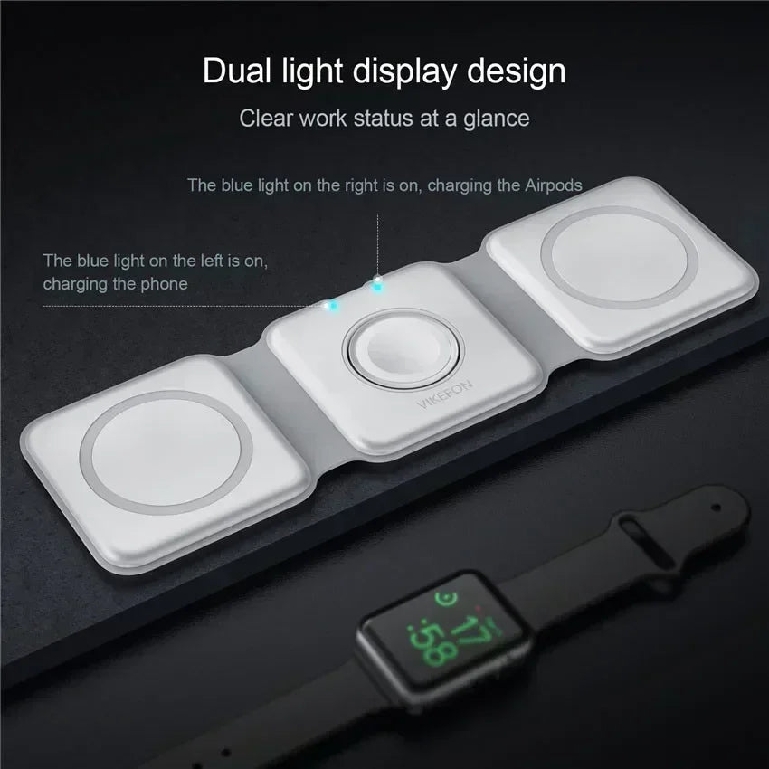 Cargador Inalámbrico Plegable 3 en 1 de Carga Rápida para Escritorio, Compatible con iPhone 17 16 15 14 13 Pro Max, iWatch 10 9 8 7 6, AirPods Pro 2