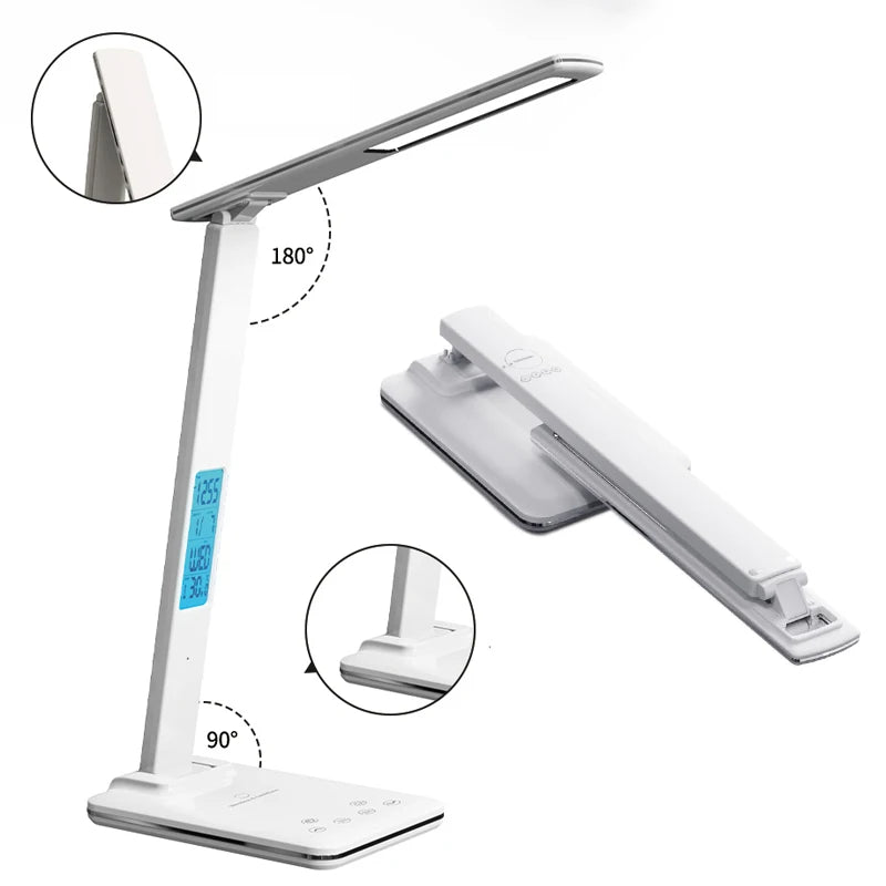 Lámpara de escritorio de lectura plegable, luz de escritorio enchufable USB, 15W, carga inalámbrica para teléfono móvil con tiempo, dormitorio, oficina, protección ocular