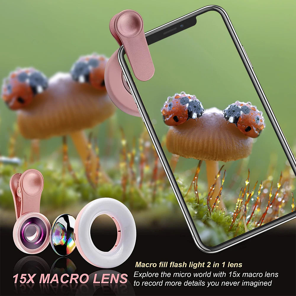 Lente Macro 15X para Teléfono con Anillo LED de Relleno